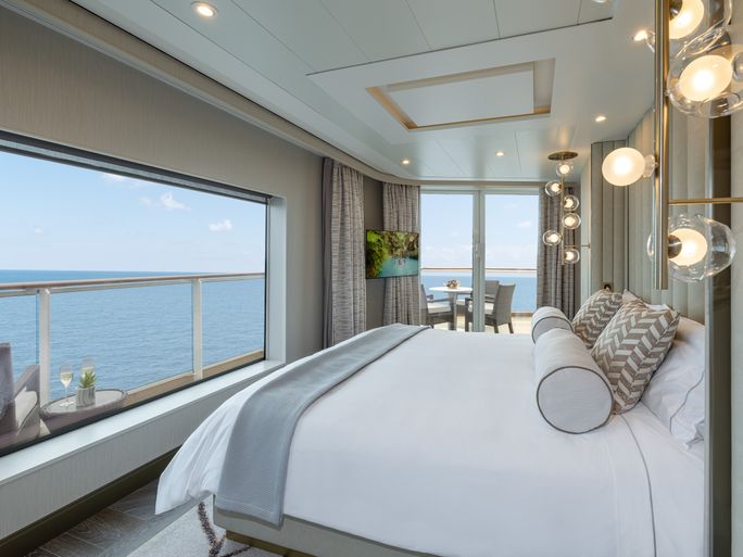 One of the bedrooms in the redesigned owner’s suites on Norwegian Joy One of the bedrooms in the redesigned owner’s suites on Norwegian Joy