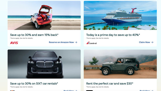 A screenshot of Amazon Prime Day travel deals