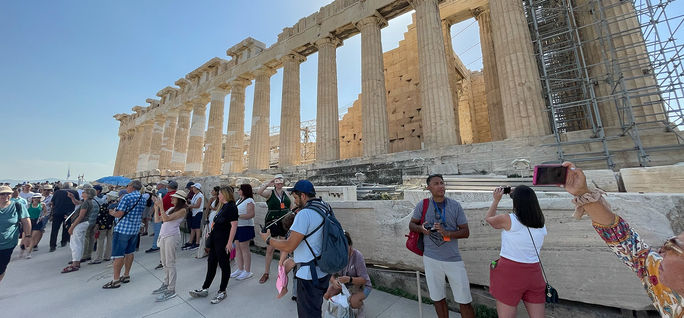 Crowds of tourists at the Acropolis in Athens, Greece Crowds of tourists at the Acropolis in Athens, Greece