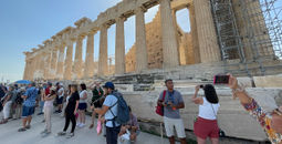 Crowds of tourists at the Acropolis in Athens, Greece
