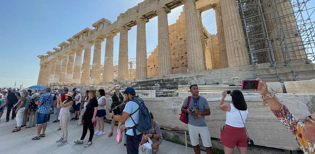 Crowds of tourists at the Acropolis in Athens, Greece