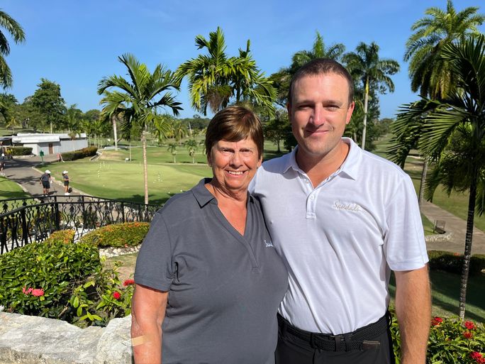Sandals Resorts' national manager of golf sales, Jake Coldiron, and travel advisor Donna Cassie of Cassie’s Travel.