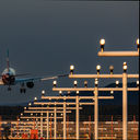 Aircraft on evening approach to Nuremberg International Airport in Germany.