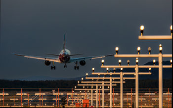 Aircraft on evening approach to Nuremberg International Airport in Germany.