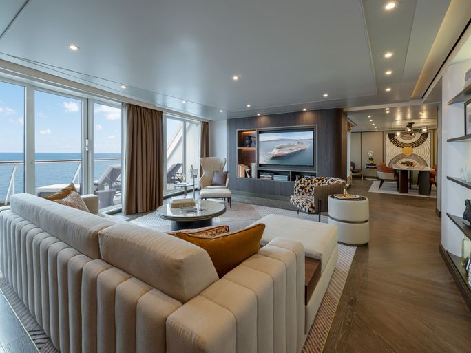 The living room in the redesigned owner’s suites on Norwegian Joy The living room in the redesigned owner’s suites on Norwegian Joy