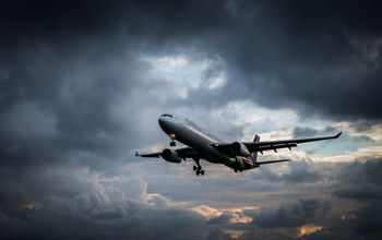 Plane flying in a storm.