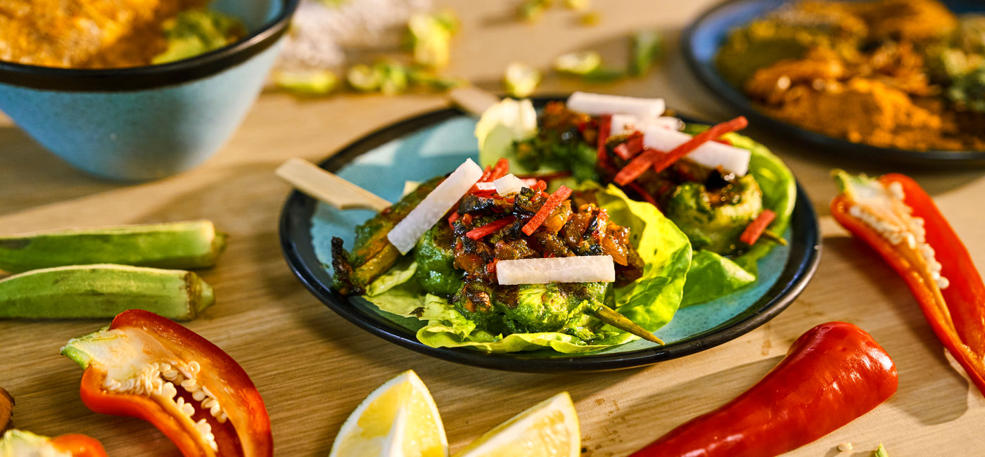 Image: The grilled shrimp skewers at The Beach Club at Bimini (Photo Credit: Virgin Voyages)