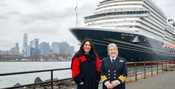 Queen Anne in New York Harbor with Cunard President Katie McAlister and Captain Inger Thorhauge