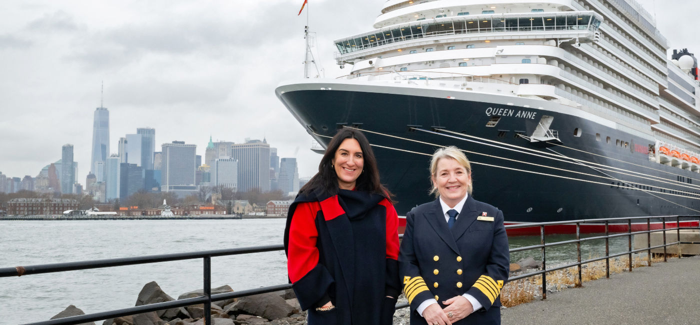 Image: Queen Anne in New York Harbor with Cunard President Katie McAlister and Captain Inger Thorhauge. (Photo Credit: Cunard)