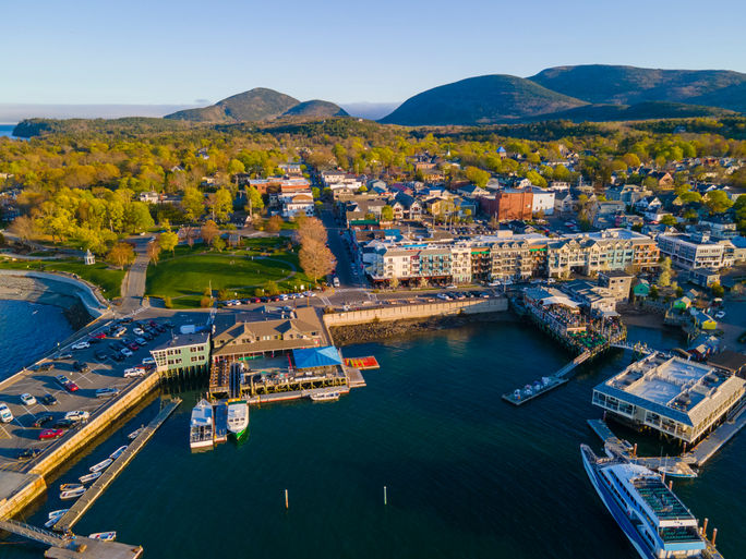 Bar Harbor, Maine with Cadillac Mountain and Acadia National Park in the background