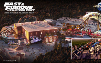 Rendering of the new Fast & Furious: Hollywood Drift roller coaster at Universal Studios Hollywood.