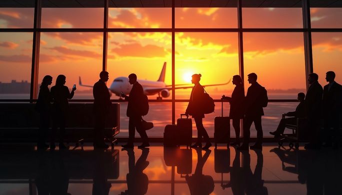Passengers waiting in an unlit airport terminal. Passengers waiting in an unlit airport terminal.