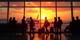 Passengers waiting in an unlit airport terminal.