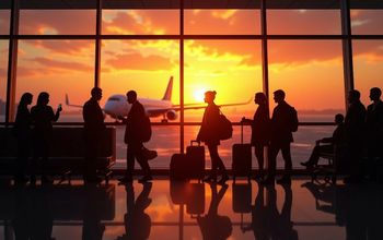 Passengers waiting in an unlit airport terminal.