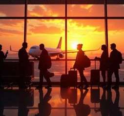 Passengers waiting in an unlit airport terminal.