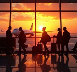 Passengers waiting in an unlit airport terminal.
