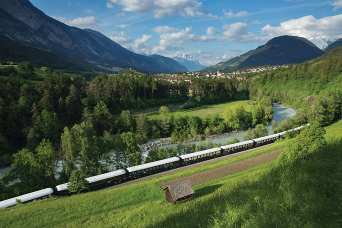Venice Simplon-Orient-Express train on the Tyrol Pass in Austria. Venice Simplon-Orient-Express train on the Tyrol Pass in Austria.