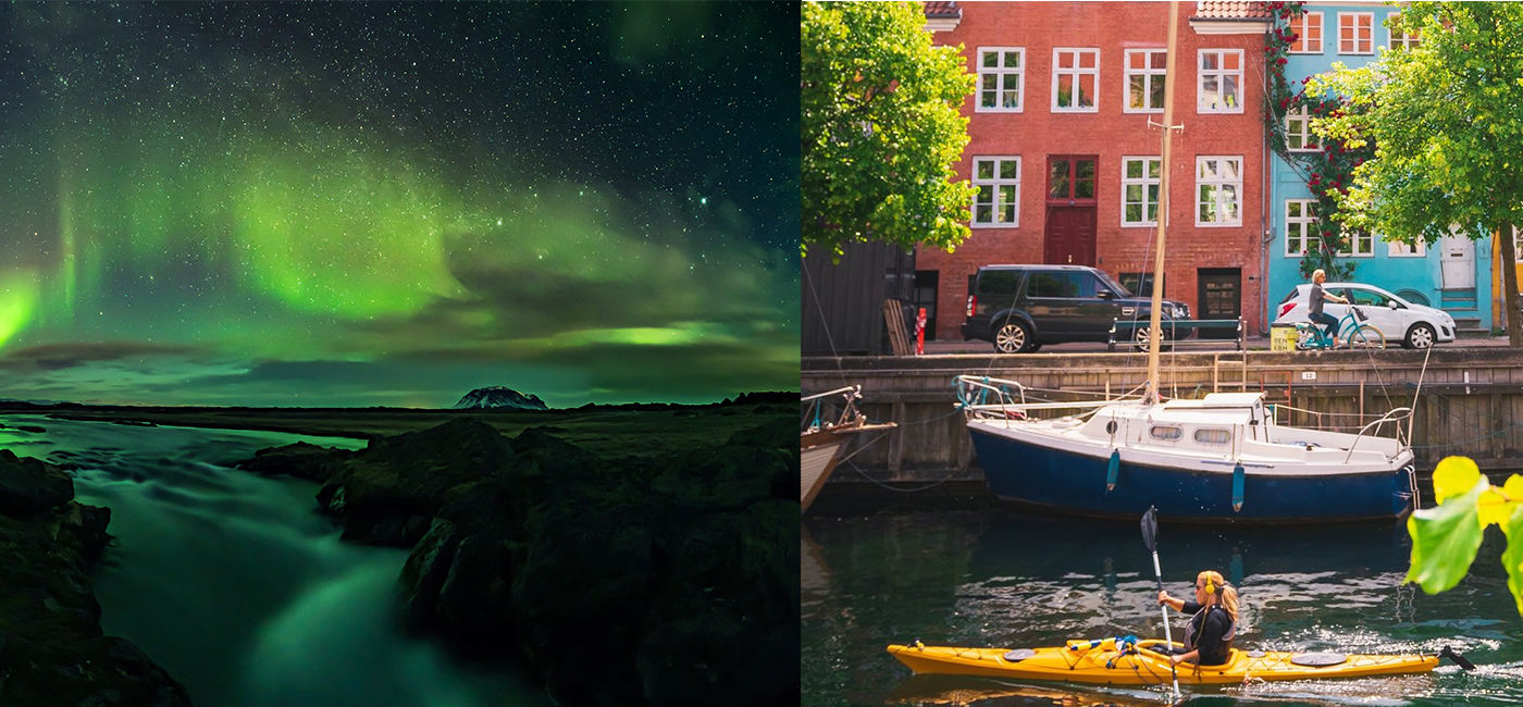 Image: Northern lights in Iceland and the colorful houses along the canals in Christianhavn.  (Photo Credit: left: Promote Iceland, right: Mathias Brandt)