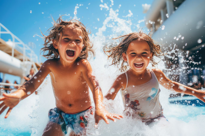 Kids playing in a cruise ship's pool area.