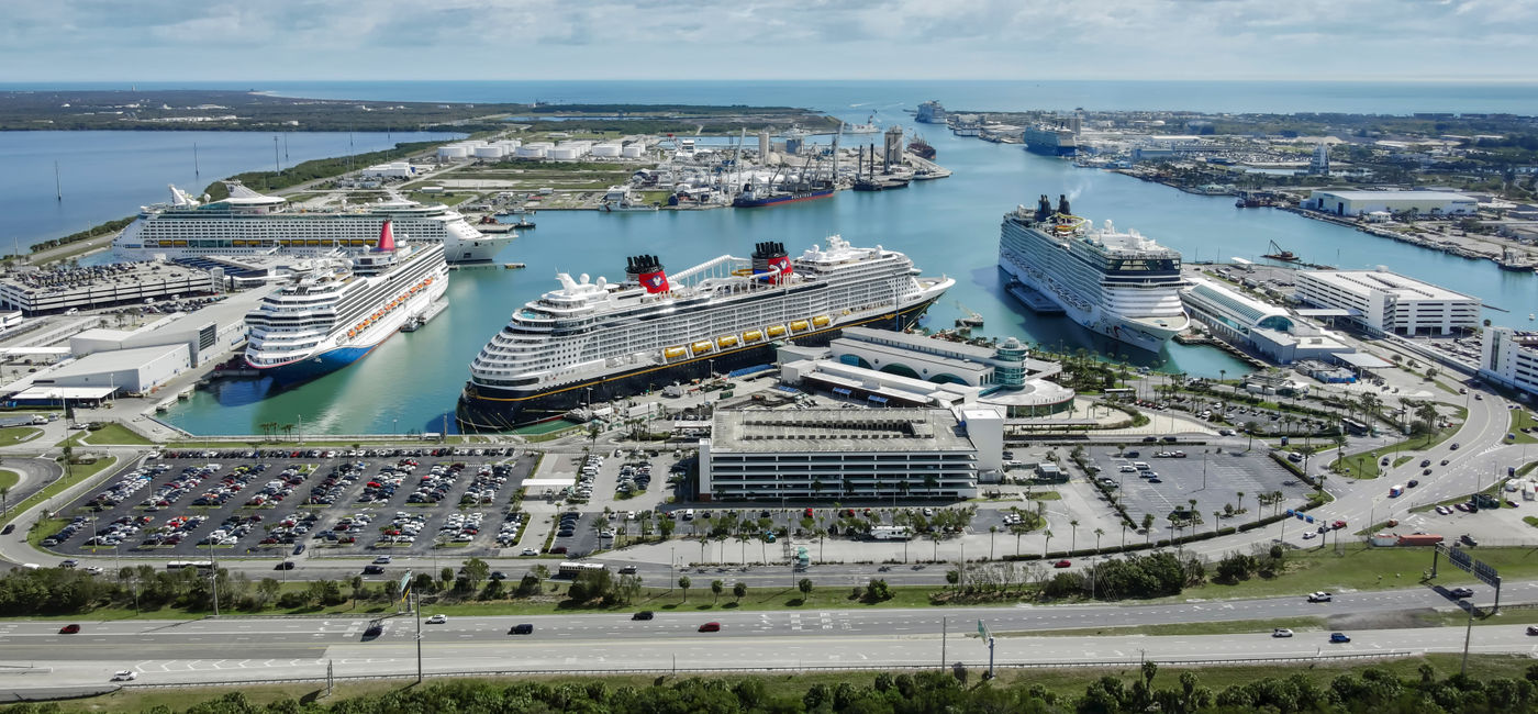 Image: Port Canaveral with six ships in port. (Photo Credit: Canaveral Port Authority)