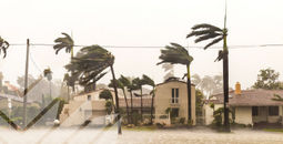 A residential neighborhood during a severe storm with strong winds and heavy rain.
