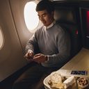 Flier in Delta One cabin with cocktail and snack