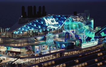 Rendering of Norwegian Aura Ocean Heights at night.