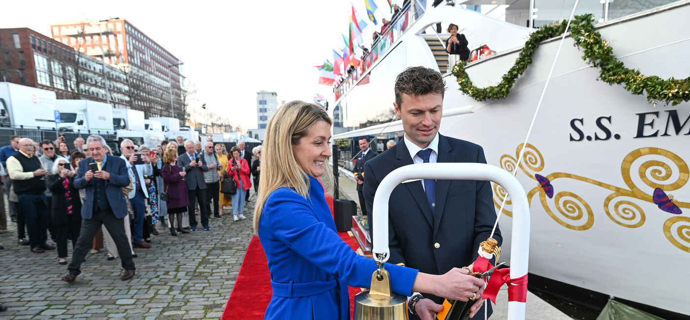 Image: Julie Higgins, the ship's godmother and Uniworld's sustainability officer, christened the ship (Photo Credit: Uniworld Boutique River Cruises)