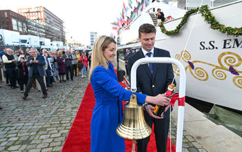 Julie Higgins, the ship's godmother and Uniworld's sustainability officer, christened the ship