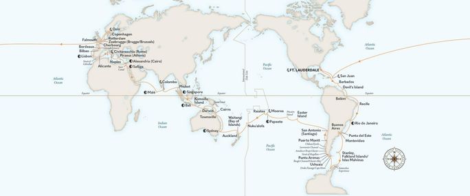 The route for Holland America Line's 2026 Grand World Voyage.