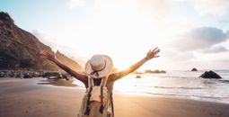 Traveler, woman, beach, coast, sunrise, sunset