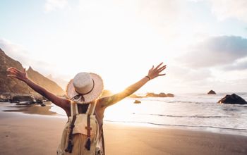 Traveler, woman, beach, coast, sunrise, sunset