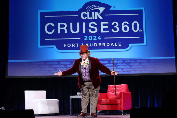 Charles Sylvia, CLIA's vice president of trade relations and industry special envoy, dressed up as Willy Wonka at Cruise360