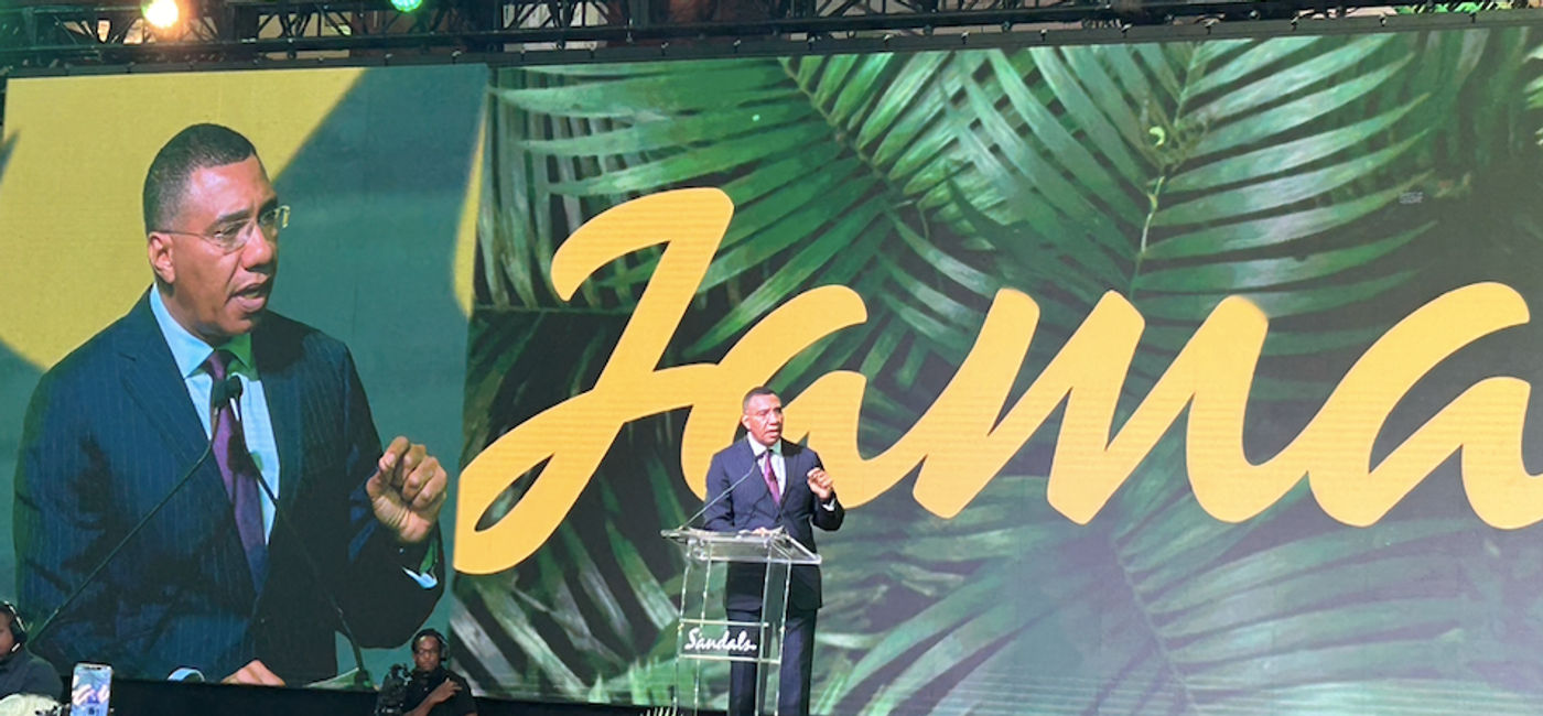 Image: Jamaica's Prime Minister Andrew Holness speaks to the crowd at Sandals Jamaica Love Wednesday, October 16 in Montego Bay. (Photo Credit: Marsha Mowers)