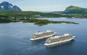 Viking Ocean Cruises' Viking Sky and Viking Sea near Leknes, Norway