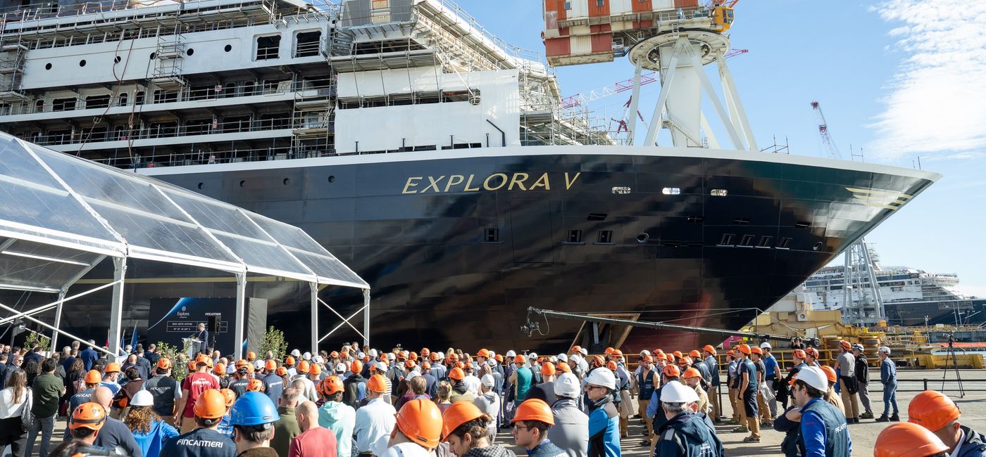 Image: Explora V at Fincantieri’s shipyard in Genoa, Italy (Photo Credit: Explora Journeys)