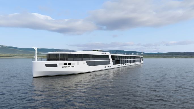 Rendering of the Emerald Lumi, which will be the first Emerald ship to sail the Seine in 2027. Emerald Cruises, Emerald Lumi, new river cruise ship 2027, new cruise ship 2027, seine river ships