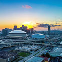 Aerial view of New Orleans, Louisiana skyline at sunrise