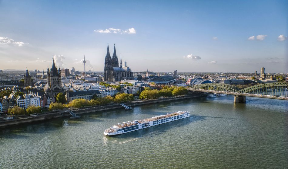 A sister ship in the Viking Longship fleet on the Rhine River in Cologne, Germany.