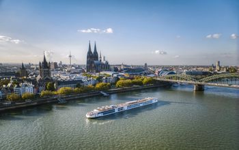 A sister ship in the Viking Longship fleet on the Rhine River in Cologne, Germany.