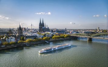 A sister ship in the Viking Longship fleet on the Rhine River in Cologne, Germany.
