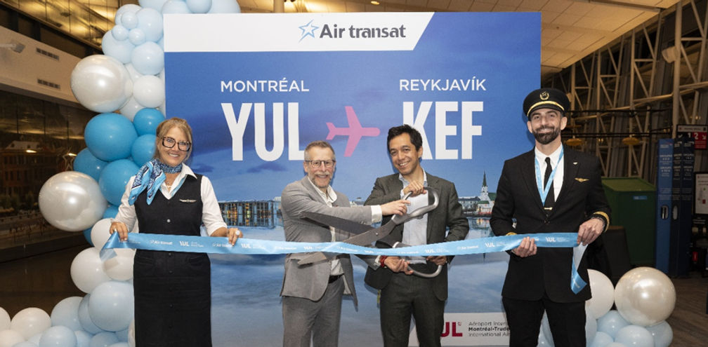 ADM's Karl Brochu and Transat's Sebastian Ponce with crew members at the launch of Air Transat's new Reykjavík and Dakar routes.