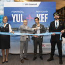 ADM's Karl Brochu and Transat's Sebastian Ponce with crew members at the launch of Air Transat's new Reykjavík and Dakar routes.
