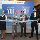ADM's Karl Brochu and Transat's Sebastian Ponce with crew members at the launch of Air Transat's new Reykjavík and Dakar routes.