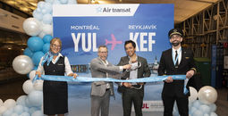 ADM's Karl Brochu and Transat's Sebastian Ponce with crew members at the launch of Air Transat's new Reykjavík and Dakar routes.