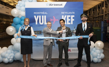 ADM's Karl Brochu and Transat's Sebastian Ponce with crew members at the launch of Air Transat's new Reykjavík and Dakar routes.
