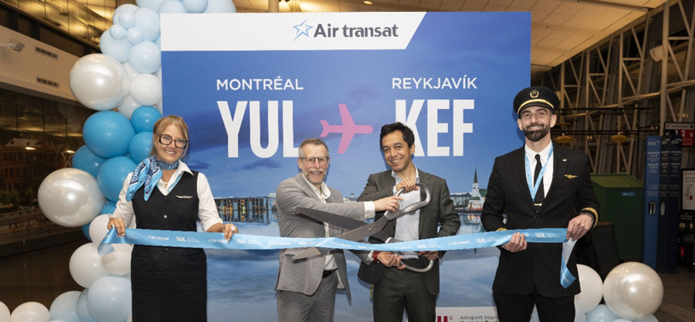 Image: ADM's Karl Brochu and Transat's Sebastian Ponce with crew members at the launch of Air Transat's new Reykjavík and Dakar routes. (Photo Credit: Air Transat)