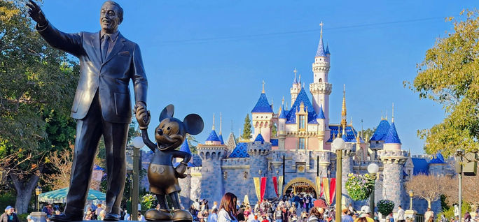 Sleeping Beauty Castle, as behind the "Partners" statue at the Disneyland Resort, Anaheim, California. Sleeping Beauty Castle, Partners, Walt Disney, Mickey Mouse, Main Street USA, statues, Disneyland Resort, Anaheim, California, theme parks, amusement parks