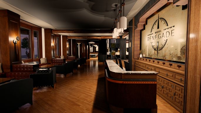 A rendering of the lobby at the new Hotel Renegade in Boise, Idaho