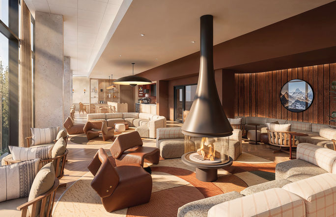Rendering of a public space inside Club Med Tremblant. Club Med, Club Med Tremblant, ski resorts in Quebec